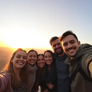 good morning friends images download design featuring soothing happy faces with group selfie at sunrise viewpoint (golden sky - good morning friends images)
