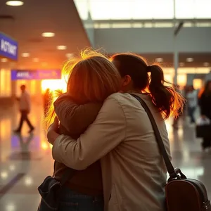 warm golden hug - good morning friends images with friends' reunion at airport sunrise — vibrant good morning friends images greeting