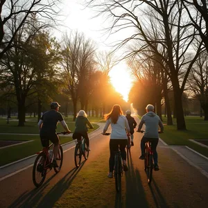 good morning friends images HD pic photo featuring elegant golden light through trees - good morning friends images with morning cycling group in park