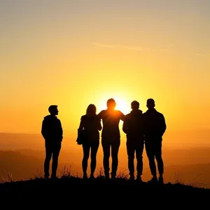 graceful four friends standing on hilltop watching sunrise - good morning friends images — good morning friends images photo art