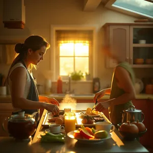 friends making breakfast with morning cooking together (colorful kitchen - good morning friends images) for good morning friends images HD pic