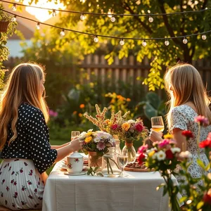 good morning friends images wallpaper graphic featuring elegant friends decorating with flowers - good morning friends images with morning garden party setup