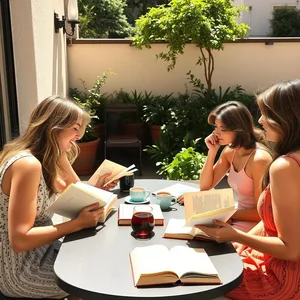 good morning friends images download design featuring soothing friends with coffee and books on sunny terrace - good morning friends images with morning book club