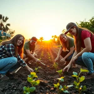 stunning good morning friends images photo art: group of friends planting community garden at sunrise