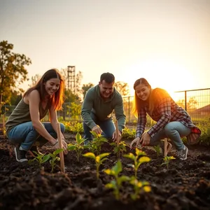 golden teamwork - good morning friends images with group of friends planting community garden at sunrise — vibrant good morning friends images greeting