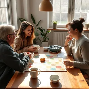coffee cups with morning board game with friends (sunlight on table - good morning friends images) — vibrant good morning friends images download