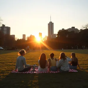 captivating sunrise over city park with friends on grass — good morning friends images image WhatsApp picture