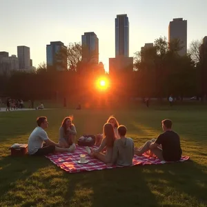 good morning friends images wallpaper graphic featuring elegant picnic blanket - good morning friends images with sunrise over city park with friends on grass