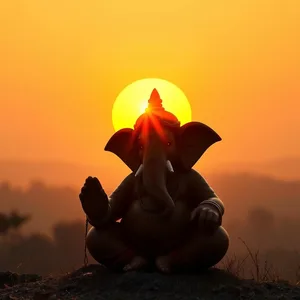 graceful good morning ganesh chaturthi images with Ganesha idol and marigolds at sunrise - free download — good morning ganesh chaturthi images design greeting card