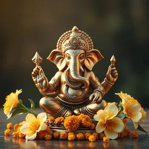 captivating good morning ganesh chaturthi images with Ganesha idol and marigolds at sunrise - free download — good morning ganesh chaturthi images wishes wallpaper