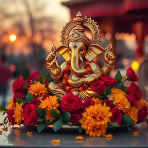 captivating good morning ganesh chaturthi images with Ganesha idol and marigolds at sunrise - free download — good morning ganesh chaturthi images wishes wallpaper