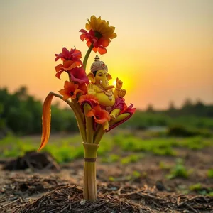 graceful good morning ganesh chaturthi images with Ganesha idol and marigolds at sunrise - free download — good morning ganesh chaturthi images photo art