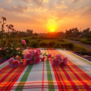 captivating traditional Odia Sambalpuri weave with flowers at sunrise - good morning images in odia — good morning images odia wishes wallpaper