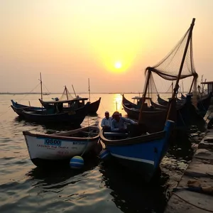 boats and nets with Odia fishing village at dawn (golden sunrise on water - good morning images in odia) — lovely good morning images odia wallpaper