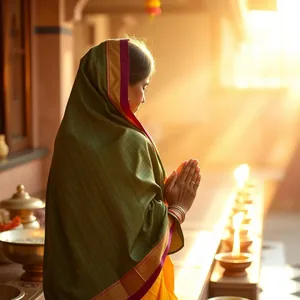 stunning good morning images odia design greeting card: traditional Odia sari draped woman at morning puja