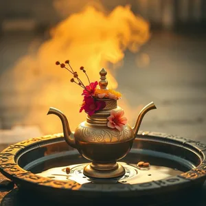 morning brass gaggar water pot with flowers, warm good morning images in punjabi photo art