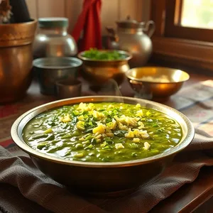 graceful morning sarson da saag in brass bowl — good morning images in punjabi design greeting card