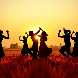 Bhangra energy - good morning images in punjabi with morning folk dancing silhouette at sunrise — vibrant good morning images in punjabi greeting