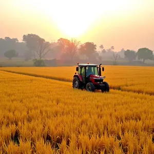 tractor on golden field - good morning images in punjabi with sunrise over abundant Punjabi farm — lovely good morning images in punjabi wallpaper