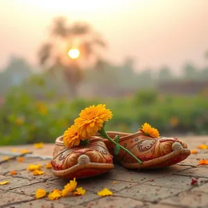 graceful traditional Punjabi jutti shoes with marigold at sunrise - good morning images in punjabi — good morning images in punjabi photo art