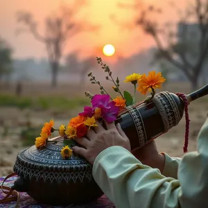 traditional Punjabi tumba decorated instrument with flowers at sunrise - good morning images in punjabi, warm good morning images in punjabi photo art