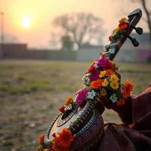 traditional Punjabi tumba decorated instrument with flowers at sunrise - good morning images in punjabi for good morning images in punjabi greeting