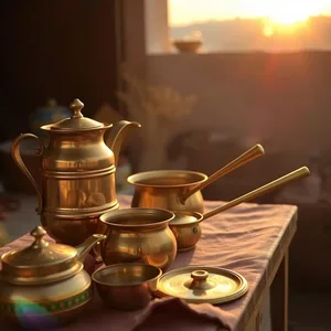 stunning good morning images in punjabi photo art: traditional Punjabi brass and copper utensils at sunrise - good morning images in punjabi