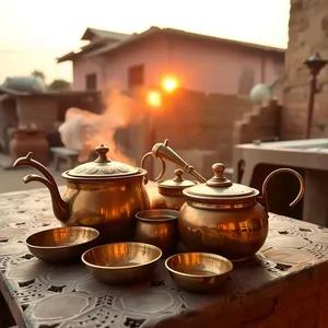 traditional Punjabi brass and copper utensils at sunrise - good morning images in punjabi — vibrant good morning images in punjabi greeting