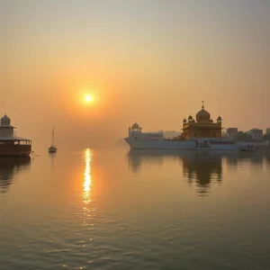 captivating sunrise over sacred river with gurudwara — good morning images in punjabi wishes wallpaper
