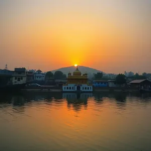 good morning images in punjabi HD pic photo featuring elegant Punjabi devotional morning - good morning images in punjabi with sunrise over sacred river with gurudwara