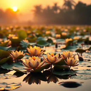 good morning lakshmi images wallpaper graphic featuring elegant golden lotus flowers floating on sacred pond at sunrise - good morning lakshmi images