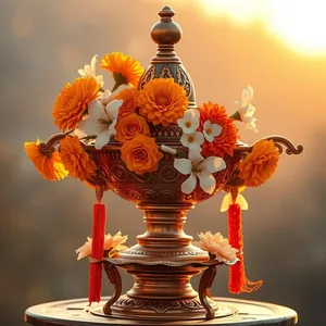ornate brass lamp with marigold and white flowers, warm good morning lakshmi images photo art