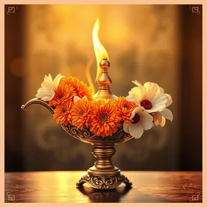 prosperity flame - good morning lakshmi images with ornate brass lamp with marigold and white flowers for good morning lakshmi images greeting