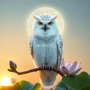 graceful beautiful white owl on lotus branch at sunrise — good morning lakshmi images design greeting card