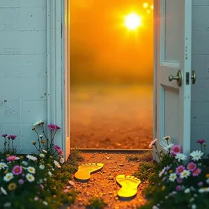 golden footprints in morning doorway with flowers - good morning lakshmi images — vibrant good morning lakshmi images greeting