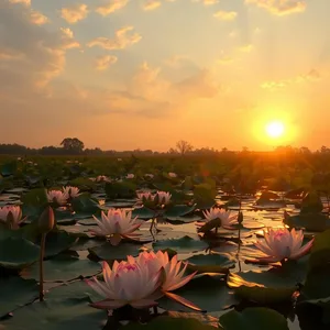 captivating sunrise over lotus pond with golden reflections — good morning lakshmi images wishes wallpaper
