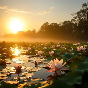 good morning lakshmi images HD pic photo featuring elegant divine beauty - good morning lakshmi images with sunrise over lotus pond with golden reflections