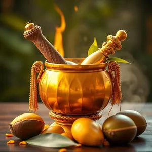 graceful sacred golden kalash with coconut and mango leaves — good morning lakshmi images photo art