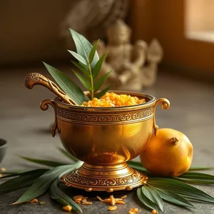 good morning lakshmi images greeting image featuring soothing divine pot - good morning lakshmi images with sacred golden kalash with coconut and mango leaves