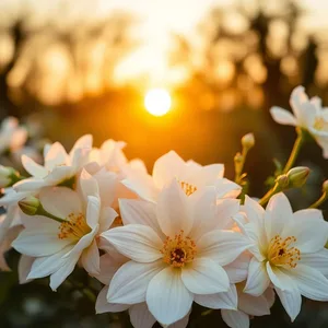 white and gold flower arrangement at sunrise, warm good morning lakshmi images photo art