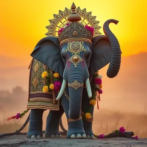 sacred elephant decorated with gold and flowers at sunrise - good morning lakshmi images, uplifting good morning lakshmi images image WhatsApp picture