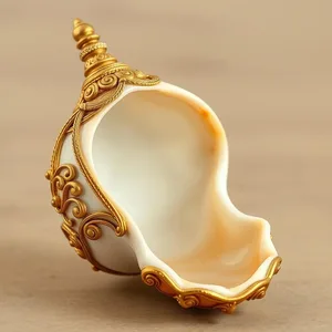 ornate sacred conch shell with gold thread, warm good morning lakshmi images design greeting card