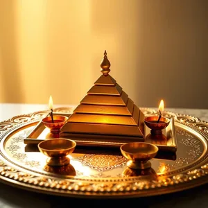 good morning lakshmi images greeting image featuring soothing divine rising light - good morning lakshmi images with sacred morning diya pyramid on gold tray