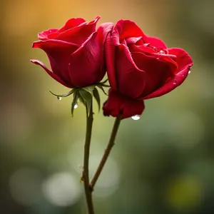love morning wallpaper graphic featuring elegant heart-shaped composition with two red roses intertwined with morning dewdrops (romantic bokeh)