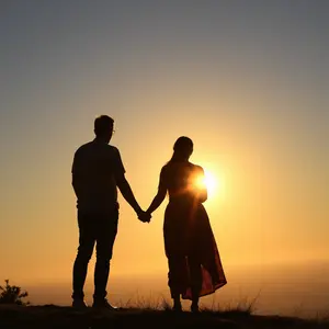 warm embrace with couple silhouette watching sunrise from hilltop (golden light) — lovely romantic HD pic