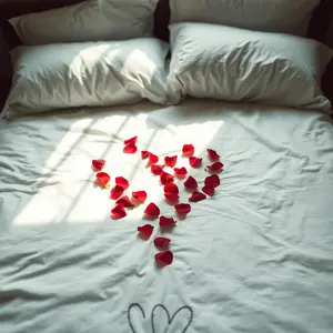 graceful red rose petals arranged in heart shape on white bedsheets, intimate — love-filled design greeting card