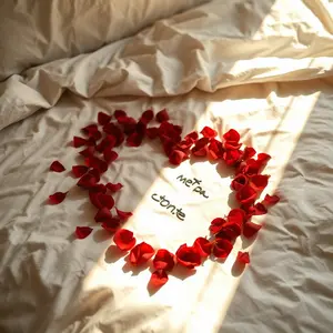 valentine wallpaper design featuring soothing morning sunlight with red rose petals arranged in heart shape on white bedsheets (intimate)