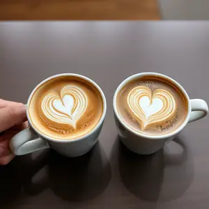 two coffee cups with heart-shaped latte art side by side, warm togetherness, uplifting love wishes WhatsApp picture