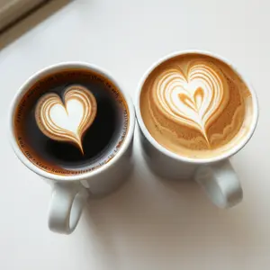 morning date with two coffee cups with heart-shaped latte art side by side (warm togetherness) for romantic morning photo
