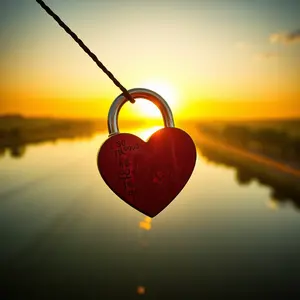 stunning romantic good morning image art: heart-shaped lock on morning bridge, river below